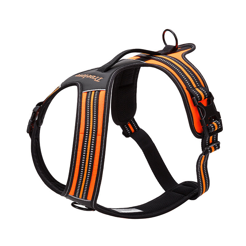 Slitstark orange hundsele med vaddering, reflexer och justerbar passform för säkra promenader