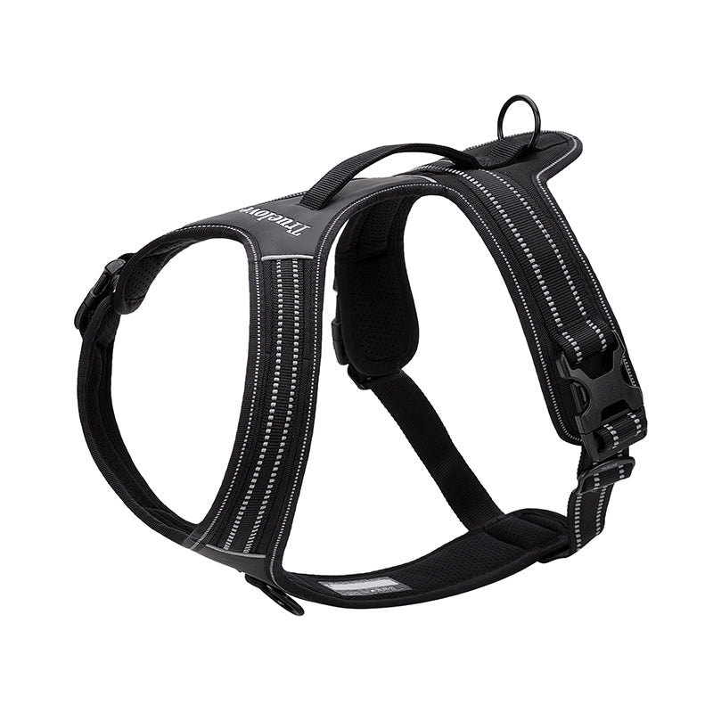 Bekväm och vattentålig hundsele i svart med snabbkoppling och reflekterande detaljer.