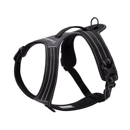 Bekväm och vattentålig hundsele i svart med snabbkoppling och reflekterande detaljer.